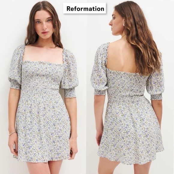 Reformation Dresses & Skirts - Reformation Elle Dress Pixie 8 White Purple Floral Mini Short Puff Sleeve Boho